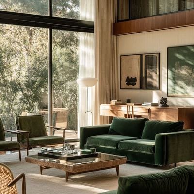 Green and teak living room